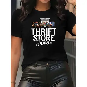 Thrift Store Junkie Graphic Tee Women Vintage Cute Thrifting Lover Shirt Casual Short Sleeve Crewneck Soft Comfy Streetwear Outfit Top Gift
