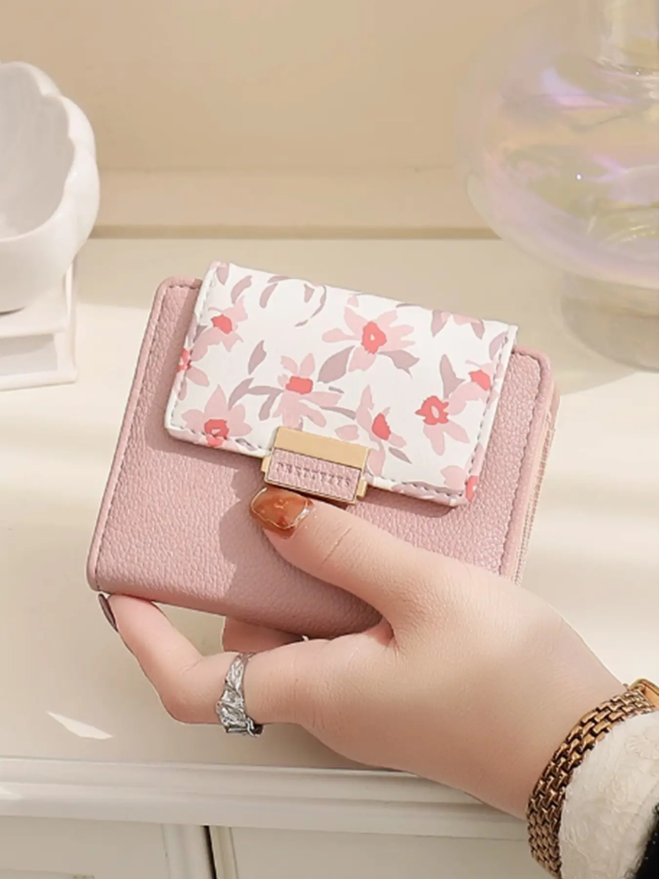 New Women's Short Wallet, Korean Style PU Print Zipper Buckle Foldable Handbag, Multi-Card Slot Coin Purse, Lightweight Travel Organizer, Wallet Square Flap