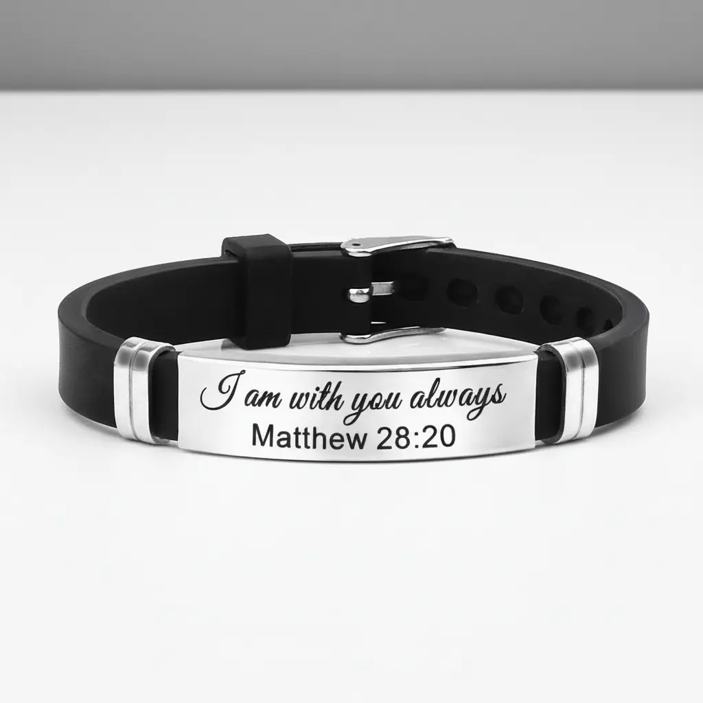Engraved Matthew 28:20 "I Am With You Always" Silicone Rubber Adjustable Bracelet - Religious Spiritual Jewelry, Personalized Gifts, Bible Verse Engraving Bracelets & Bangles for Men's Baptism, Synthetic, Faith Decor, Inspirational, Adjustable Bracelets
