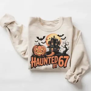 Haunted by 67 Retro Halloween Sweatshirt & Hoodie, Six Seven Meme Shirt, Spooky Season 6 7 Meme Sweatshirt, Halloween Pumpkin Shirt