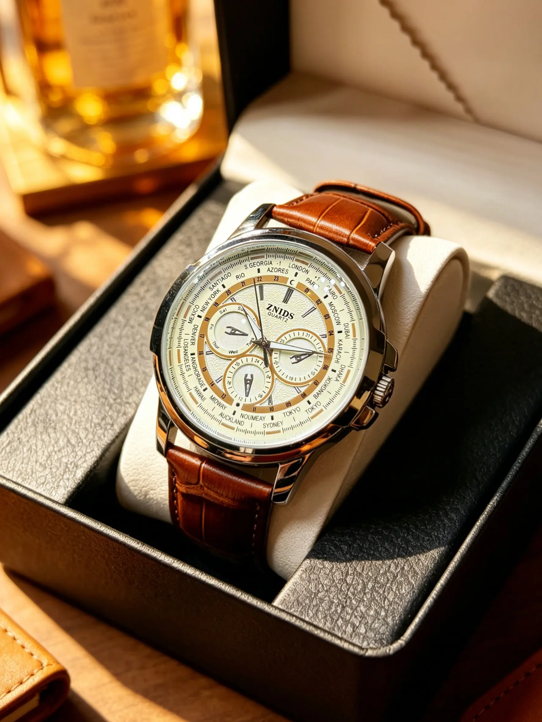 Vintage World Time Men's Watch, Dual Tone Bezel, Crocodile Leather Strap, Precise Quartz Movement, Waterproof, Elegant Style, Analog Watches