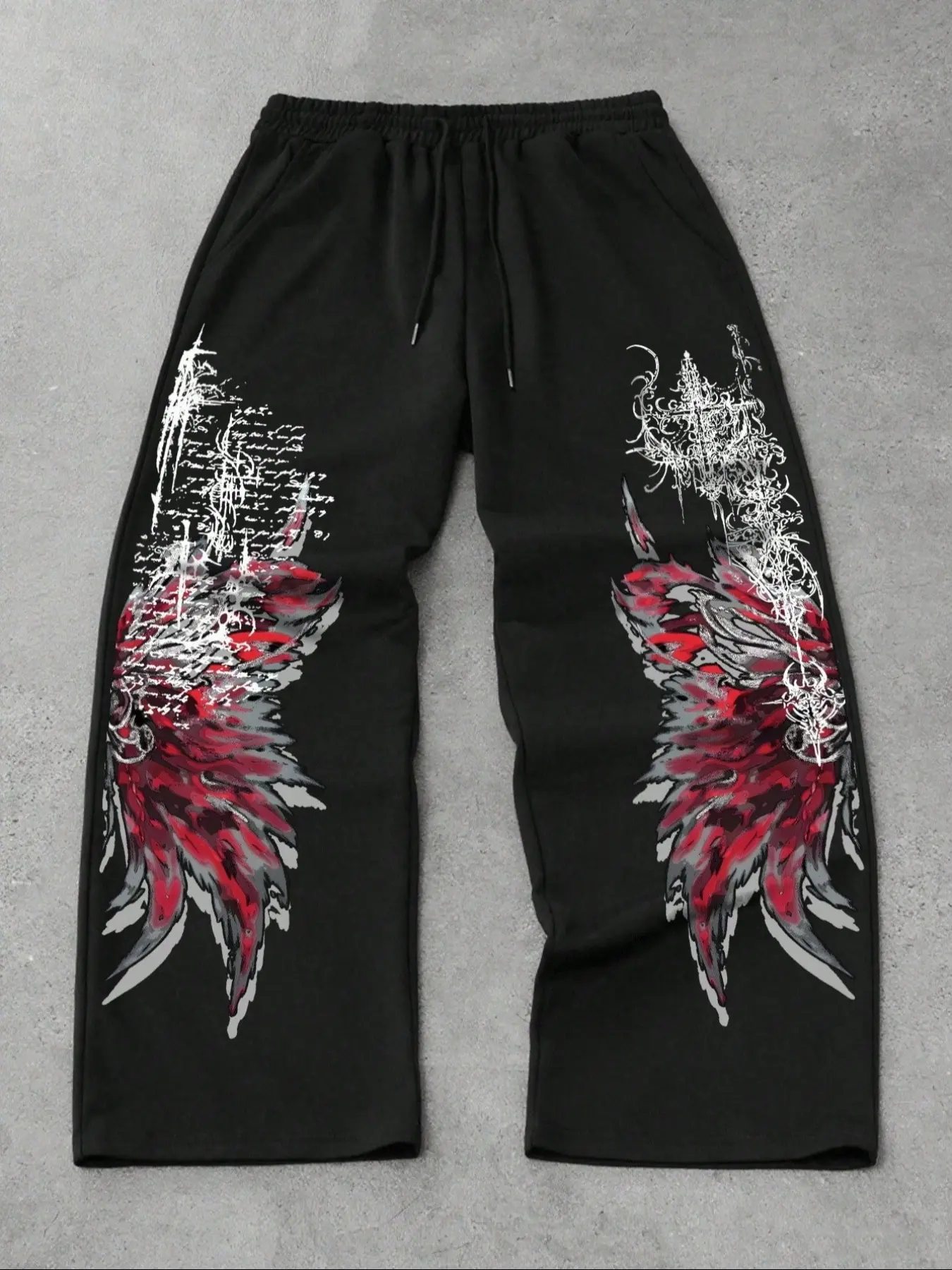 Men's Casual Sport Pants, Feather Wings Pattern Print, Drawstring Wide Leg, Loose-Fitting, All Seasons, Men's Fashion Long Pants