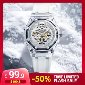 RONMAR Men's 40mm Automatic Mechanical Watch Luxury Hollow Design Transparent Case 3ATM Water Resistant Silicone Strap Fashionable Sports Watch Couple 
