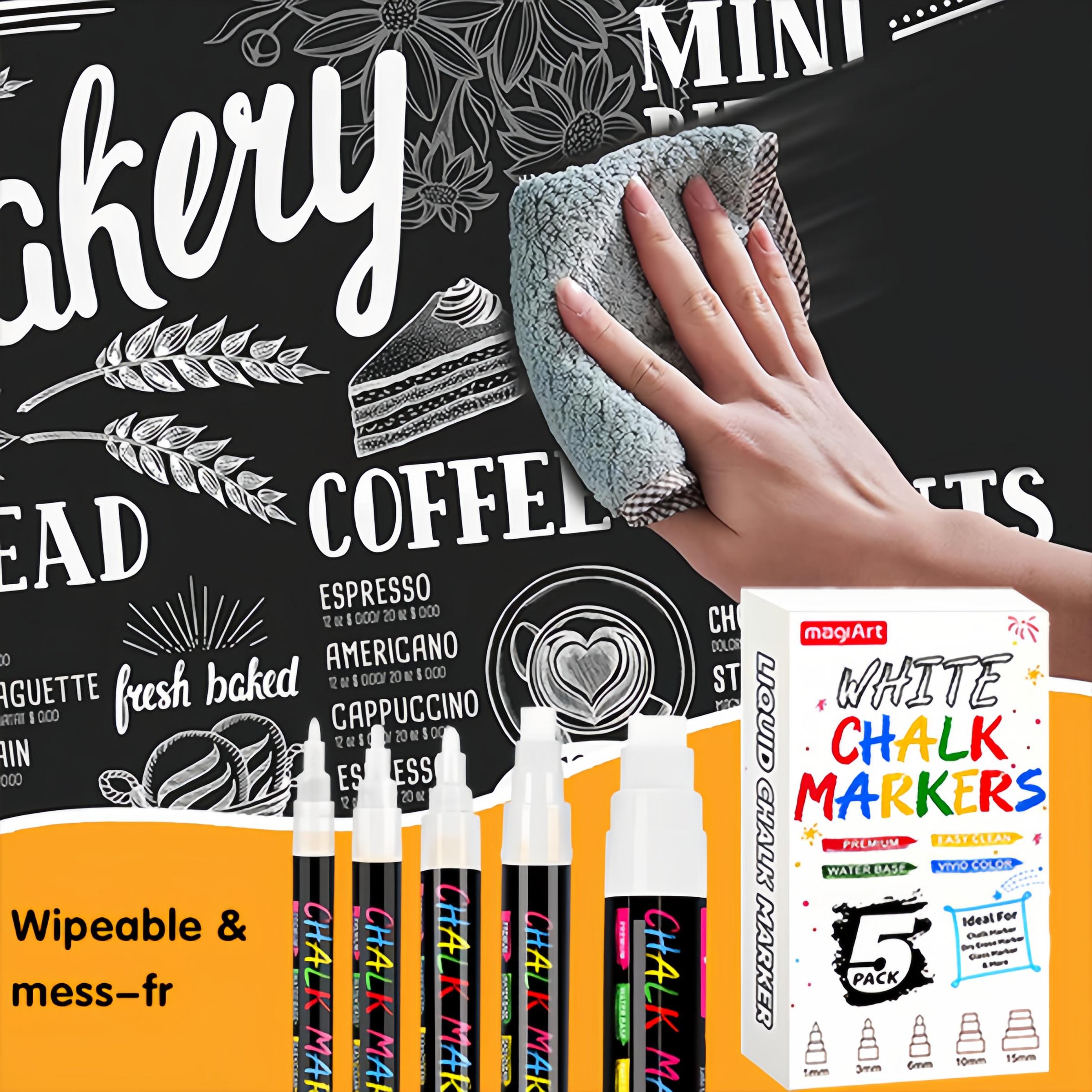 5 Pack White Liquid Chalk Markers – 5 Nib Sizes (0.7, 3, 6, 10, 15mm), Erasable & Washable Window Markers for Glass, Car Windows, Chalkboard, Menu Boards & Signs, Non-Toxic, Dust-Free for Home & School