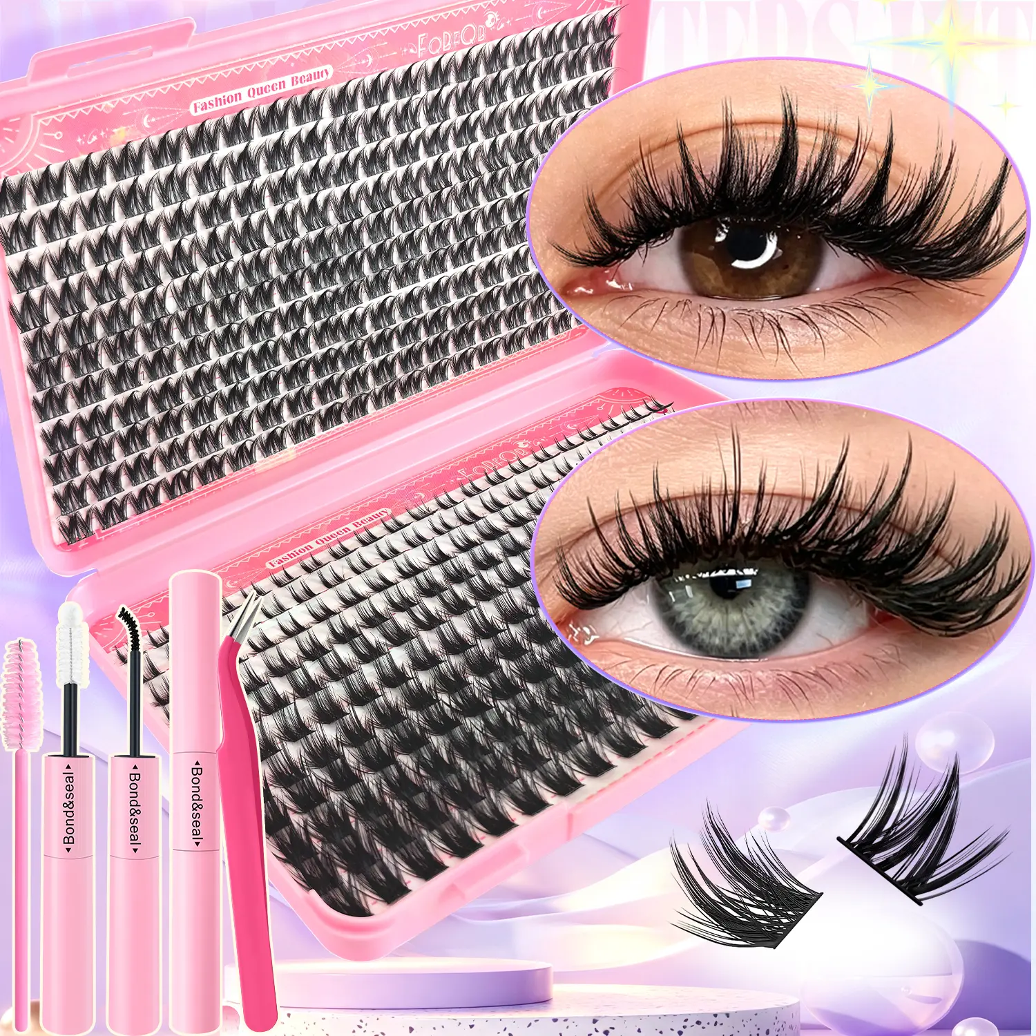 429pcs Cat Eye & Manga Eye Styles Cluster Lashes Kit with Glue & Tweezers, Natural Look 8-16mm Mixed Length Fluffy Long-lasting C/D Curl Individual DIY Eyelashes Extension Set for Beginners - Daily & Party Eye Makeup Tools[New Updated False Eyelash Set]
