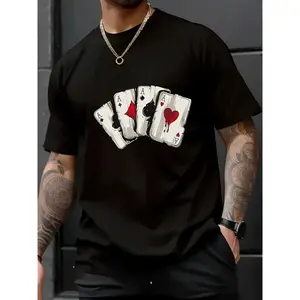 Men'S Casual Cotton T-Shirt with Playing Card Print, Crew Neck, Short Sleeve, Slight Stretch, Knit Fabric, 180gsm, for Hiking & Outdoor, Sports, Weekend - Black