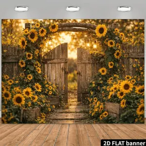 2D Flat Banner Polyester Photography Backdrop, HD Digitally Printed Sunflower Garden Gate Rustic Wooden Fence Path Scene Background Cloth, Soft Lightweight Foldable for Wedding Party Birthday Photos, Video Studio, Portrait Photogr