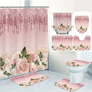 4-Piece Shower Curtain Set Pink Rose Waterproof Bathroom Curtain Toilet Lid Cover Toilet Mat Bathroom Mat Bathroom Accessories