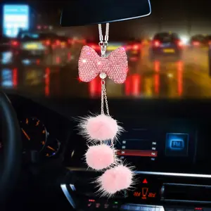 Car Decorative Bow Fur Ball Ornament, Stylish Rearview Mirror Hanging Accessory, Unique Car Interior Decoration