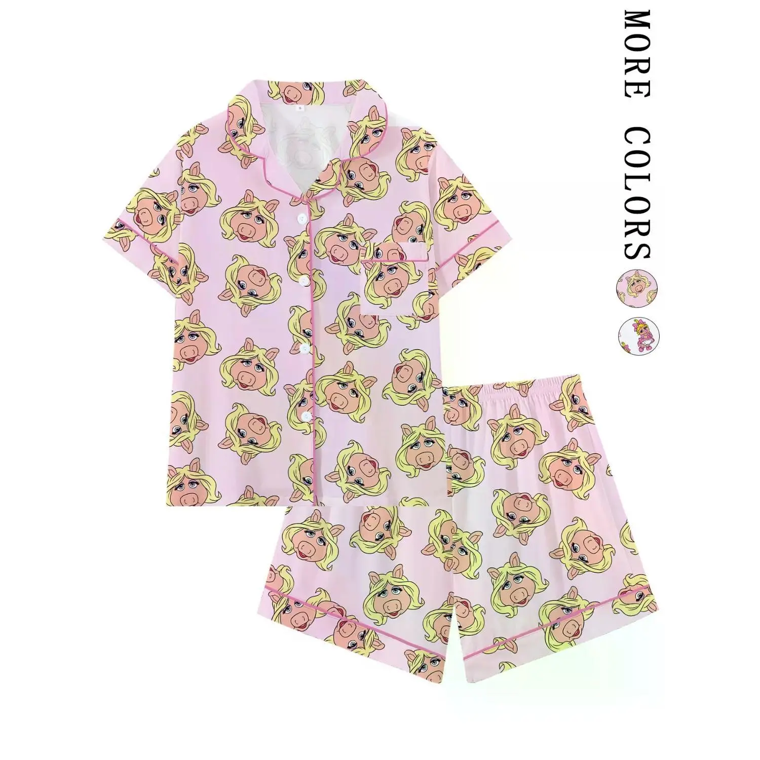 Women's Adorable Pink Pig Pajama Set - Short Sleeve Button-Down 2-Piece Lounge Wear, Cute Cartoon Sleepwear with Pink Trim, Perfect for Summer Nights & Sleepovers