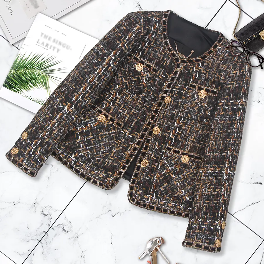 DUSHE Women's Elegant Long Sleeve Plaid Tweed Jacket, Vintage French Style Round Neck Button-Front Fitted Cut, Cool Iron, Do Not Bleach, Dry Clean, Flat Dry, Line Dry