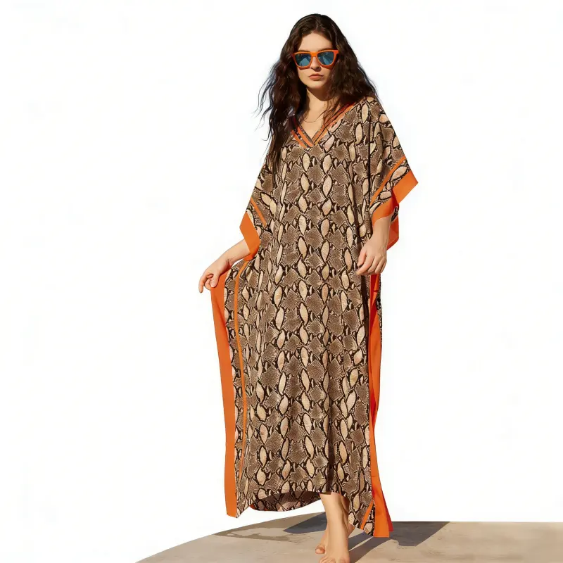 Women's Plus Size Caftan Dress, Flowy Bohemian V-Neck Mumu with Batwing Sleeves, Lightweight Ethnic Print Beach & Resort Cover-Up, Swimsuit, Style, Breathable, Beach Days, Casual Elegance, Evening Relaxed Silhouette Beautiful Shape, Poolside Lounging, Sof