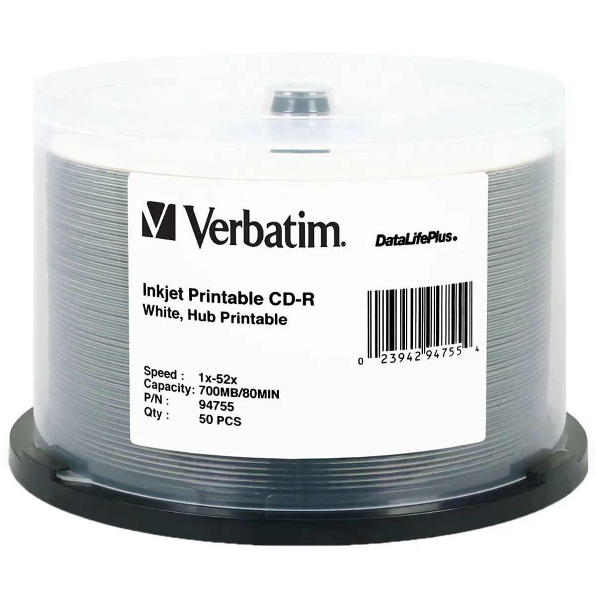 Verbatim CD-R Discs DataLifePlus - 80 Minute, 700MB, 52x Speed, White Inkjet Hub Printable, 50-Pack Spindle for Data Storage