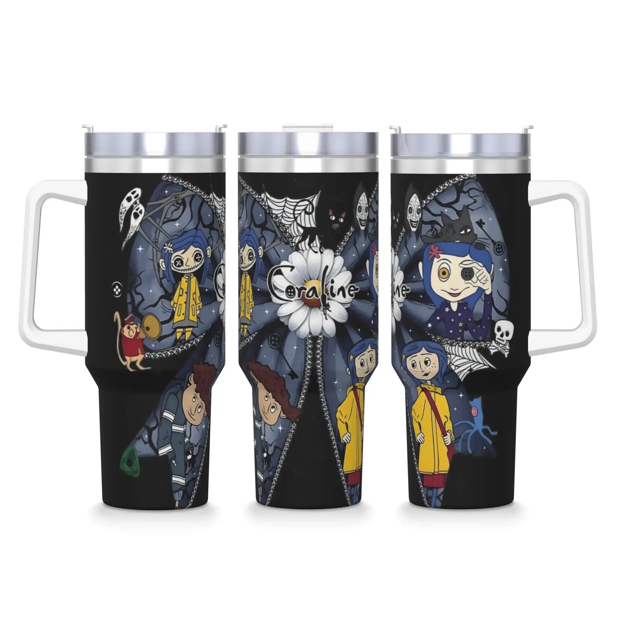 C0raline 40oz Insulated Tumbler, Dark Fantasy Cartoon Travel Mug with Handle & Straw, Button Eye Doll Stainless Steel Cup, Spooky Animated Aesthetic Drinkware, Other World Fan Gift for Coffee, Tea, Halloween & Everyday Adventures