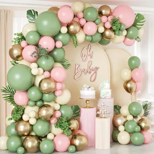 147Pcs Pink And Green Balloon Arch Garland Kit, 5 10 12 18Inch Sage Green Light Pink Sand White Gold Latex Balloons For Woodland Jungle Birthday Party Baby Shower Decorations