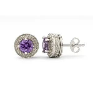 Amethyst Stud Earrings in Textured Sterling Silver