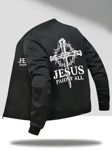 Men's American Casual Stand Collar Jacket, Jesus Cross Thorn Print, Geometric Pattern, Fitted, Spring & Fall Fashion Outerwear