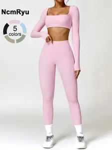 Women's Seamless High Elastic Soft Square Collar Open Waist Long Sleeve High Waist Hip Lifting Trousers Yoga suit  Outdoor Running Mountain Climbing Walking Fashion suit  All-match long-sleeve trousers for gym training Yoga Clothes Set