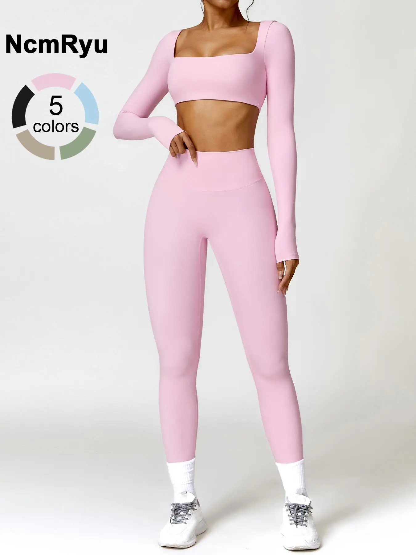 Women's Seamless High Elastic Soft Square Collar Open Waist Long Sleeve High Waist Hip Lifting Trousers Yoga suit Outdoor Running Mountain Climbing W