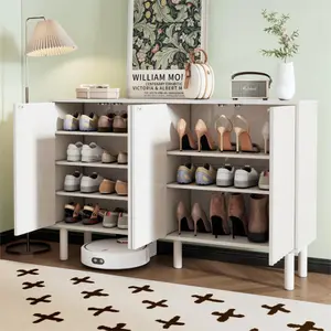 55.1"W*13.7"D*35.4"H White Rectangular Modern Fluted Door Storage Cabinet, MDF & Pine Wood Legs 350 LBS High Load Bearing Cabinet with 5 Adjustable Shelves Anti‑Tipping Device for Entryway Living Room Kitchen