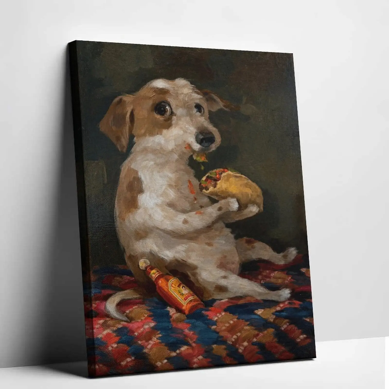 Hilarious Dog Meme Canvas Painting Aesthetic Cute Animal Eating Taco Poster Contemporary Realistic Food Graphics Prints Studio College Dorm Room Background Wall Hanging Unique Decoration