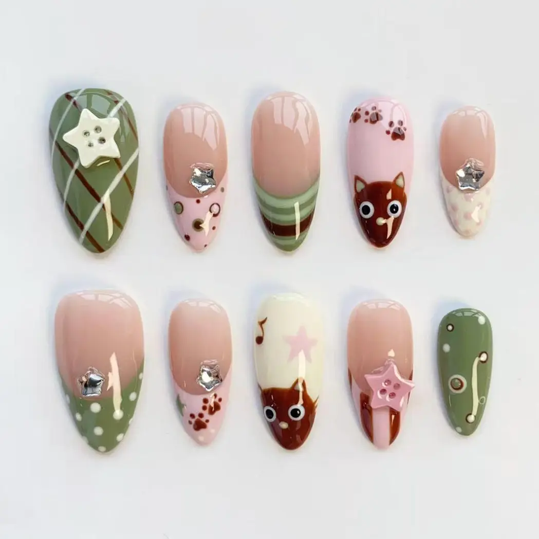 Kawaii cat nails/press on nails long almond nails/Cute Fun Nails/Green striped nails/Green polka dot nails/Star Button Nails/Daily nails