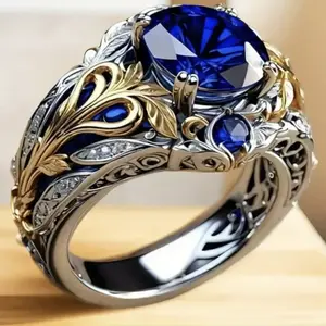 Ne Ring Set with Synthetic Sapphire, Vintage Style, Bold Men’s and Women’s Rings, Suitable for Everyday Wear and Special Occasions such as Parties, Birthdays fashion bomber buzz bomb safety elegant rhinestone decor engagement ring Gold-Plated Striped Coup