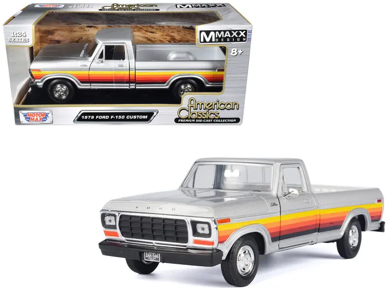 Motormax 1:24 1979 Ford F-150 Custom – Silver with Gradient Stripes Diecast Model Car