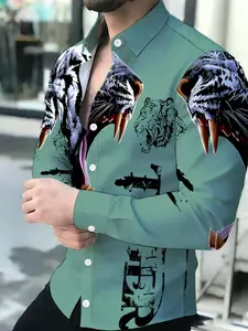 Men's Breathable Mint Green Roaring White Tiger Print Lapel Long Sleeve Cardigan