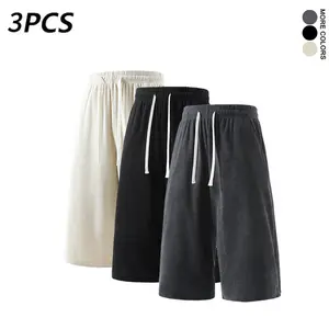 3PCS Men's Corduroy Casual 3/4 Shorts Elastic Waist with Pockets Daily Wear