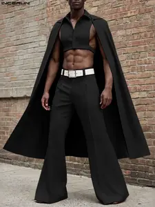 INCERUN Men's Fashion Personalized Cape Design Two-Piece Set Sleeveless Shirt Long Pants, Stylish Casual for Daily Wear