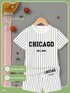 Boys' Basketball Set, Vintage American Style, Sweat-Absorbent Skin-Friendly, Outdoor Court Practical Wear, Sportswear Set, 2-Piece Short Sleeve Tee & Shorts