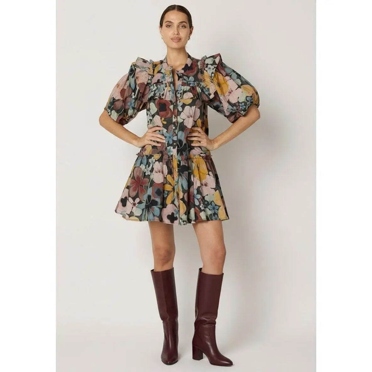 Women's Painterly Floral Mini Dress - Soft Fabric, Ruffled Volume Sleeves, Flutter Hem, Tailored Bodice, Statement Look, Casual Party Wear, Pairs with Heels