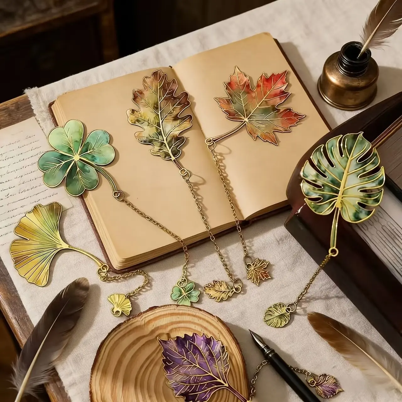 12pcs Vintage Leaf Bookmarks with Metal Charms, Ideal Gift for Book Lovers, Perfect for Students, Teachers, and Writers