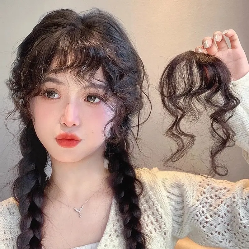 Curly Synthetic Neat Front Fringe Clip In Hair Bangs Hair Extensions Sweeping Side Blunt Bang Natural Black Brown Hairpieces