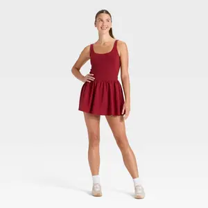 JoyLab Women's Game Day Bubble Skort Active Dress - Square Neck Sleeveless Mini Dress with Built-in Bra & Shorts