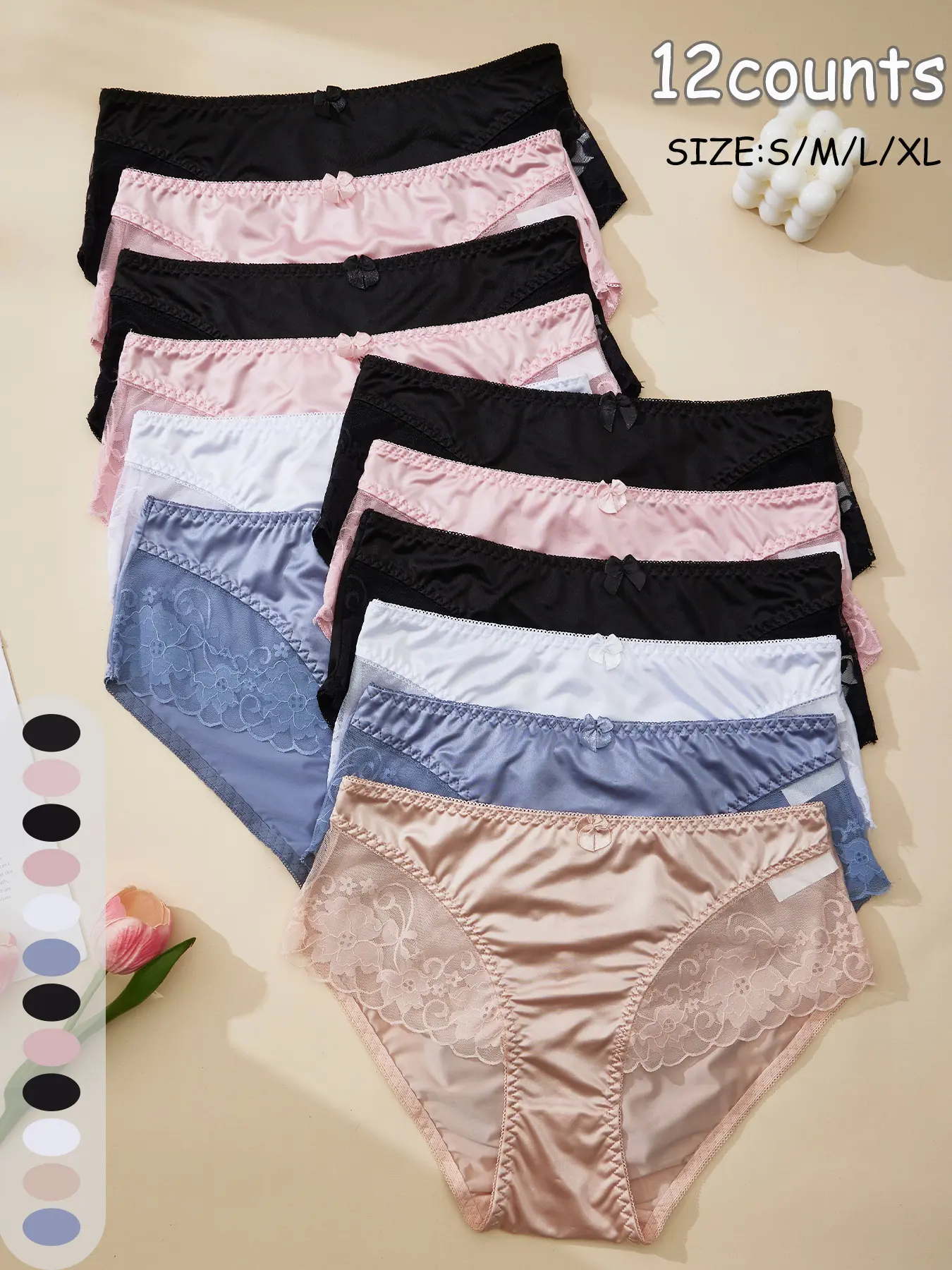 Women's High-Waisted Lace Mesh Panties Set, Bow Decor, Sexy & Cute Feminine Design, Satin Feel, Fitted Style, All-Season Comfortable Underwear