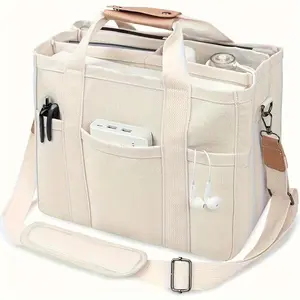 Beige Versatile Tote Shoulder Bag, Spacious Multi-Pocket Multiple Compartments Design, Durable Sturdy Handles, Fashion Casual Handbag for Everyday Use