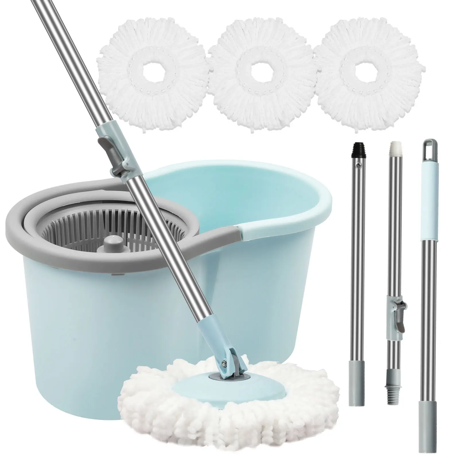 360° Rotating Bucket-Based Mop Set with Detachable Wringer, Ergonomic Adjustable Stainless Steel Extendable Handle, 3 Microfiber Replacement Heads for Home Floor Cleaning (Blue), Bucket-Based Mops, Mop And Bucket Set, Mop Floor Cleaning