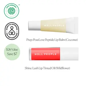 Prep & Shine Lip Duo - PoutLove Peptide Lip Balm (Coconut) + Lush Lip Tinted Oil (Wildflower) - Glossy lip oil and moisturizing tinted lip balm kit
