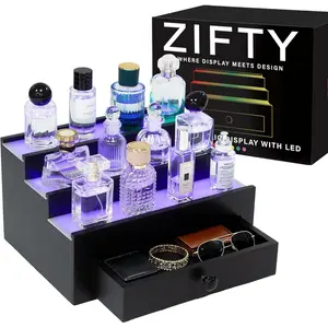 3 Tier Cologne Organizer with Drawer Valentine’s Day Gift for Men, LED Light Wooden Perfume Stand with Remote, Cologne Shelf Stand Display Shelf for Skincare and Collectible Figures
