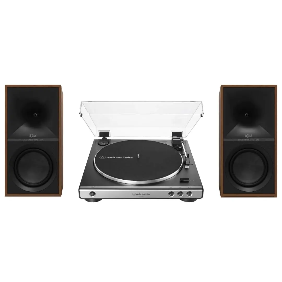 Klipsch The Sevens Heritage-Inspired Powered Speakers (Walnut) with 60X-GM Fully Automatic Belt-Drive Stereo Turntable Bundle - Bluetooth Digital Amplifier, Subwoofer, High-Watts Audio System