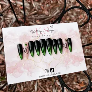 Green tip chrome XO long lasting hand painted press on nails.