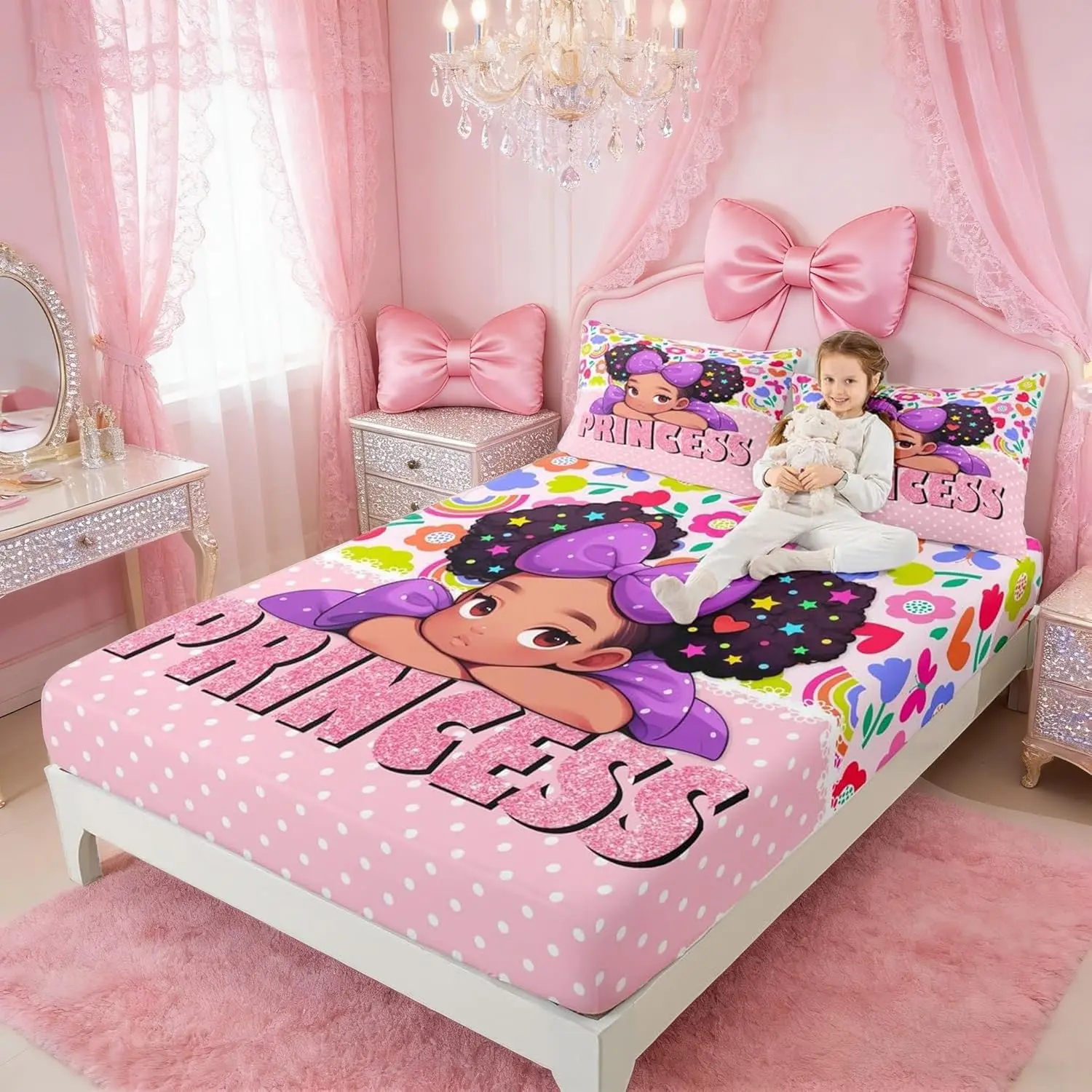 Black Fitted Sheet,Princess Pink Diamond Glitter Pattern Bedding Set,Cute African Style Americans Bed Sheet Cartoon Colorful Flower Deep Pocket Sheet
