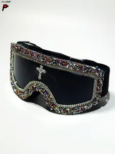 Unisex Rhinestone Criss-Cross Design Sunglasses, PC Frame UV Protection, Fashionable Sporty Streetwear Style, All-Season Wear, Trendy Sporty Sunglasses