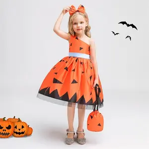 Orange Kids Clothes Halloween Dress with Bag Headband Children Cosplay Costume Fancy Carnival Pumpkin Witch Vampire Party Holiday Princess Frock  2-10Y
