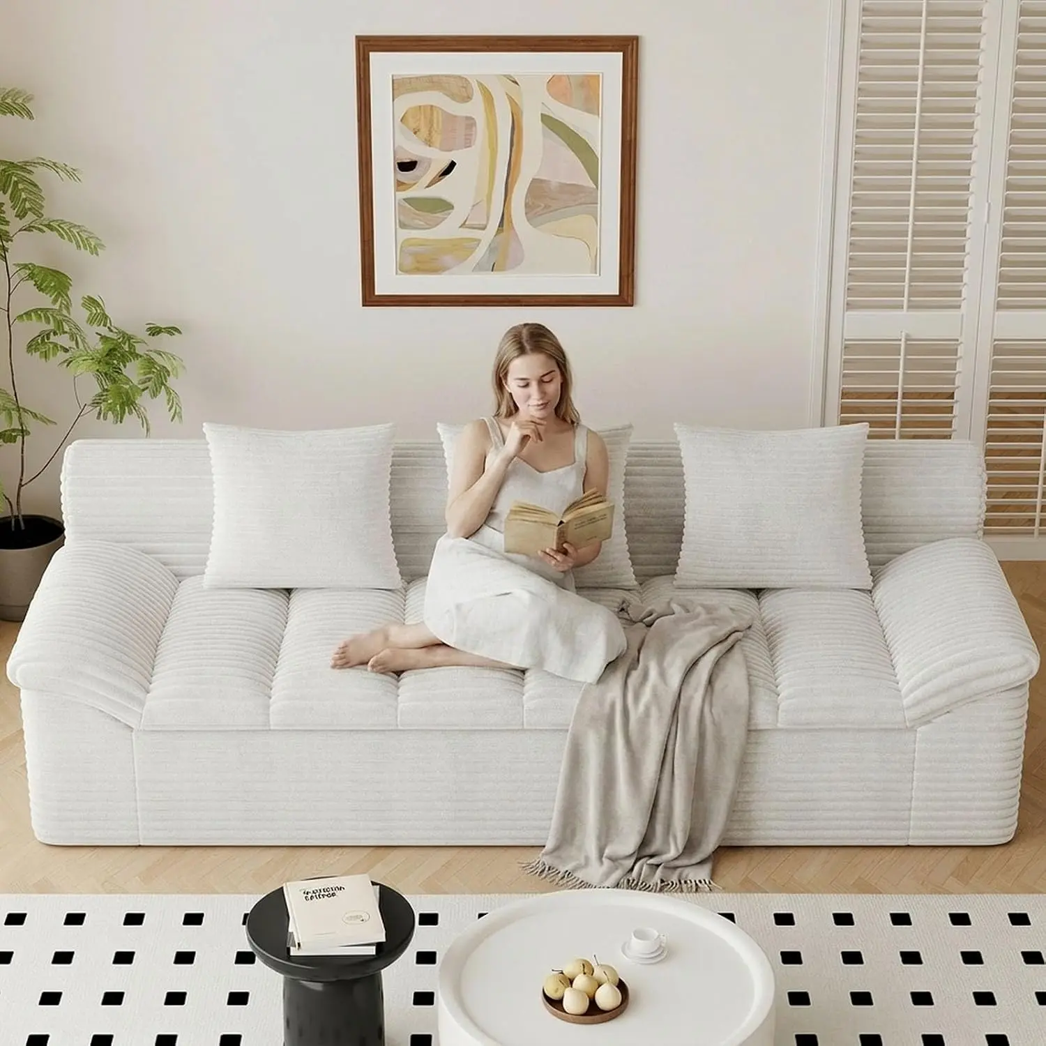 71" Corduroy Boneless Couch with Curved Armrests and 3 Pillows, No Assembly, Upholstered Loveseat Sofa, Modern Deep Seat Cloud Couch for Living Room Bedroom Office Apartment, White