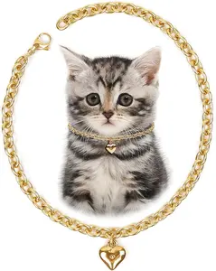 Dog Collar and Cat Chain Necklace Stainless Steel Adjustable 18K Gold Heart-Shaped Necklace for Small Pets Cats Kitten Puppy