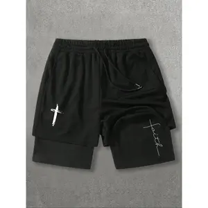 Men's Cross Print 2 in 1 Shorts, Regular Fit Casual Comfy Breathable Loungewear Shorts for Summer, Men's Bottoms for Daily Wear