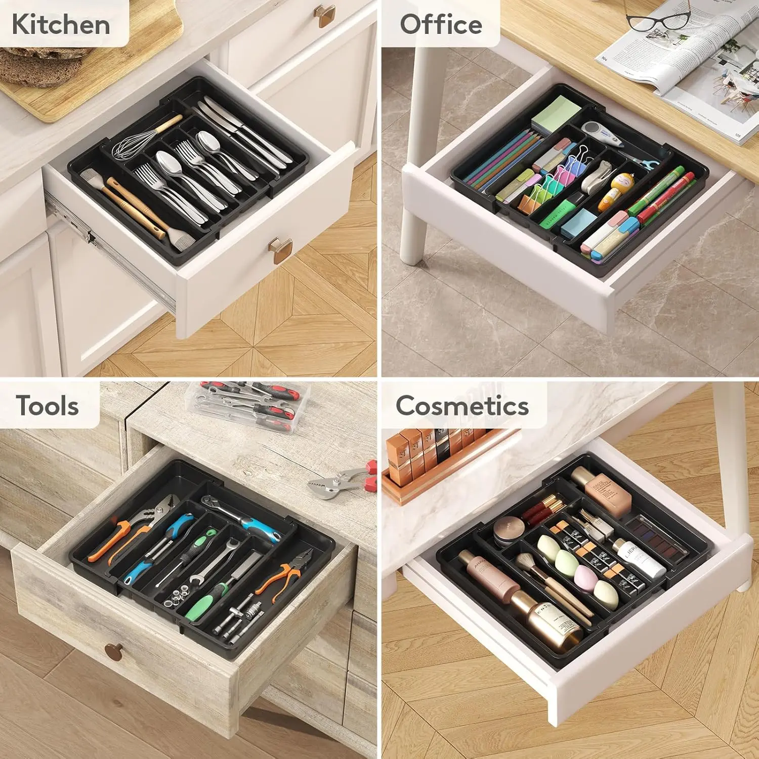 Black Plastic Drawer Organizer for Kitchen Office Tools & Cosmetics Storage